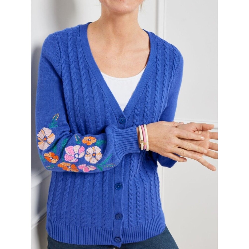 TALBOTS Women’s Embroidered Cable Knit Blue Floral Cardigan